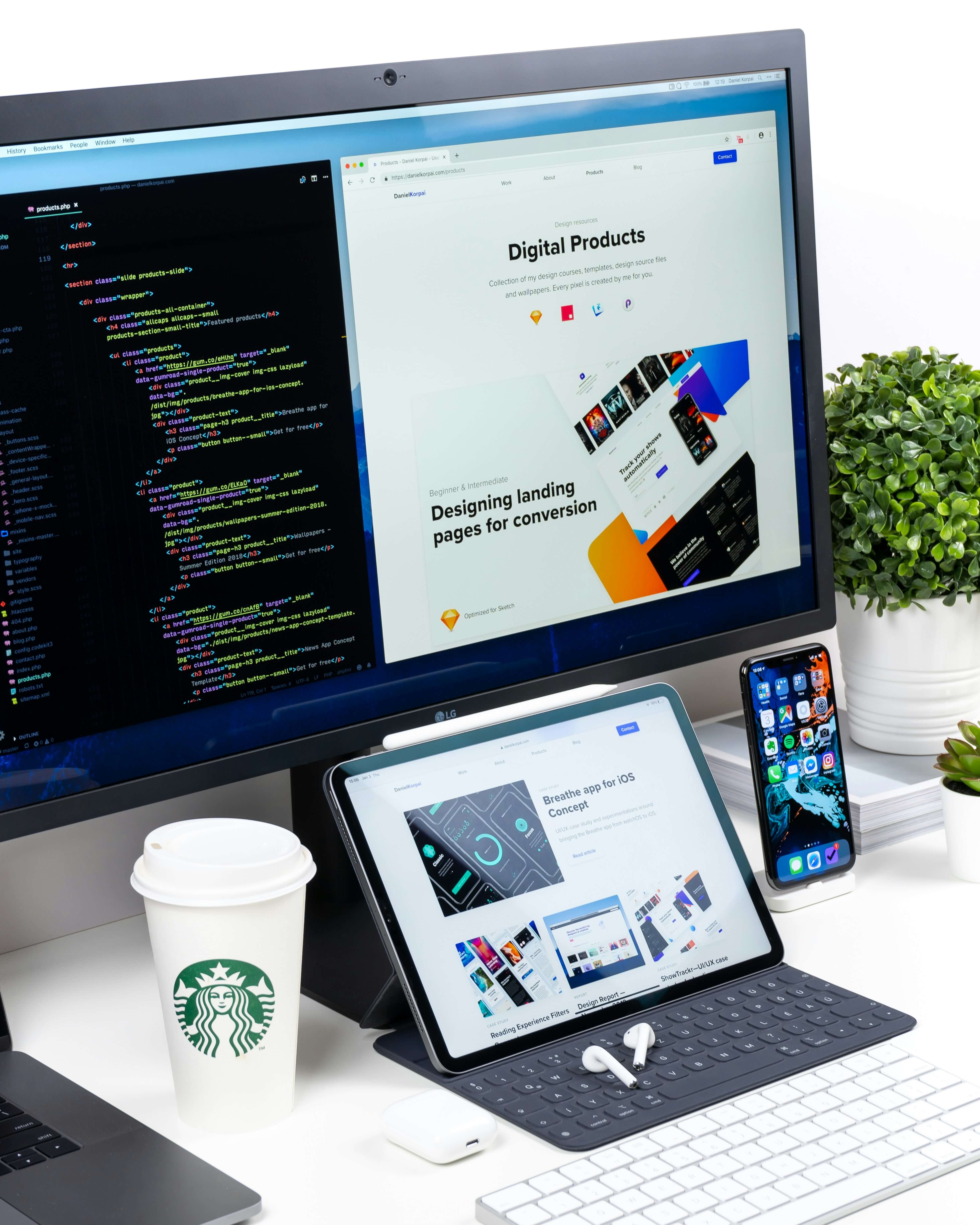 A mobile application design shown alongside a laptop with corresponding code, representing developer handoff.